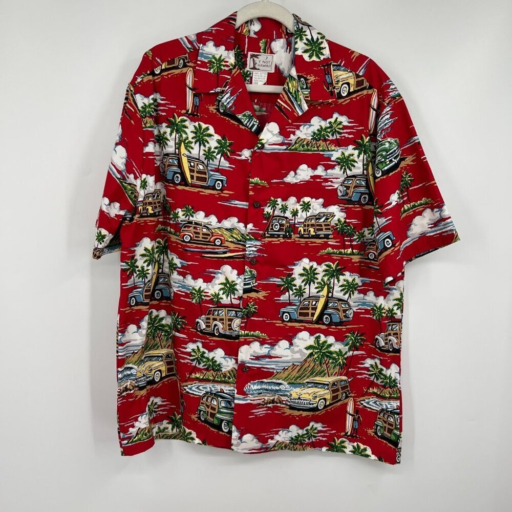 Y Not Vintage Hawaiian Shirt woody wagons surf boards men's size XL red